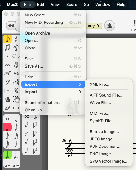 Mus2 file export menu options: xml, aiff, wav, mid, symbtr, bmp, jpg, pdf, png, svg