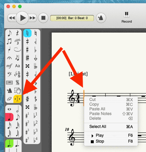 To paste the copied notes at a specific location, use the Cursor tool or right-­click at the desired location and choose the Paste command. The paste cursor is shown as an orange line.